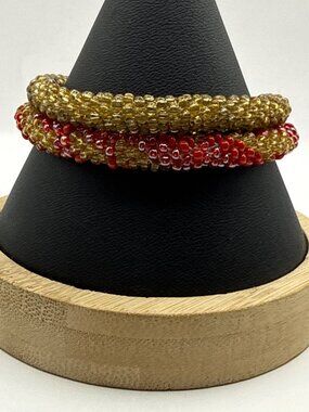 Handmade Nepal Glass Seed Bead Roll-On Crochet Bracelet Gold Red Boho Minimalist
